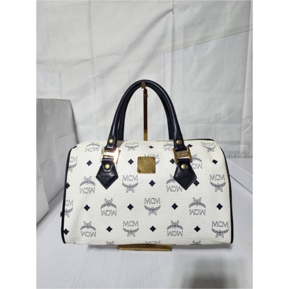 Authentic MCM Vintage Coated Canvas visetos Handle Bag Navy Blue/White - Picture 14 of 14